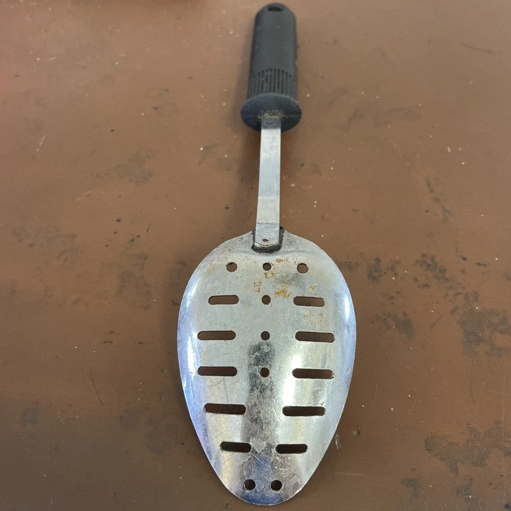 Vintage EKCO Slotted Metal Spoon Strainer Utensil‎ Black Handle